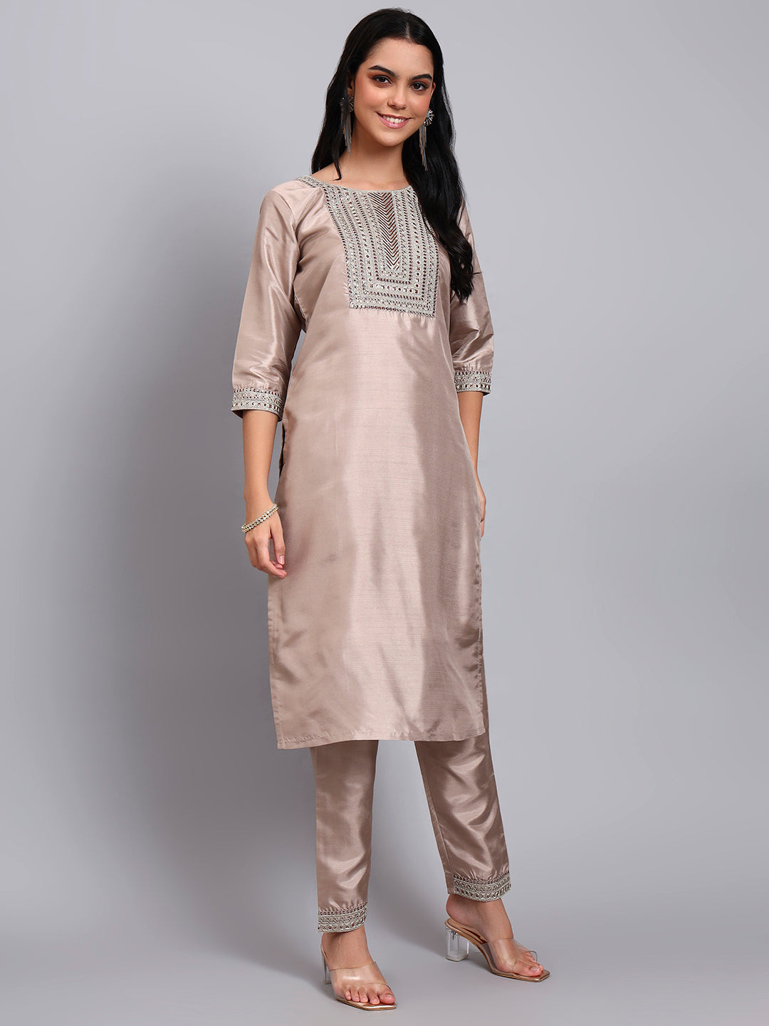 Women Biscuit Silk Blend Embroidered Kurta Pant Set