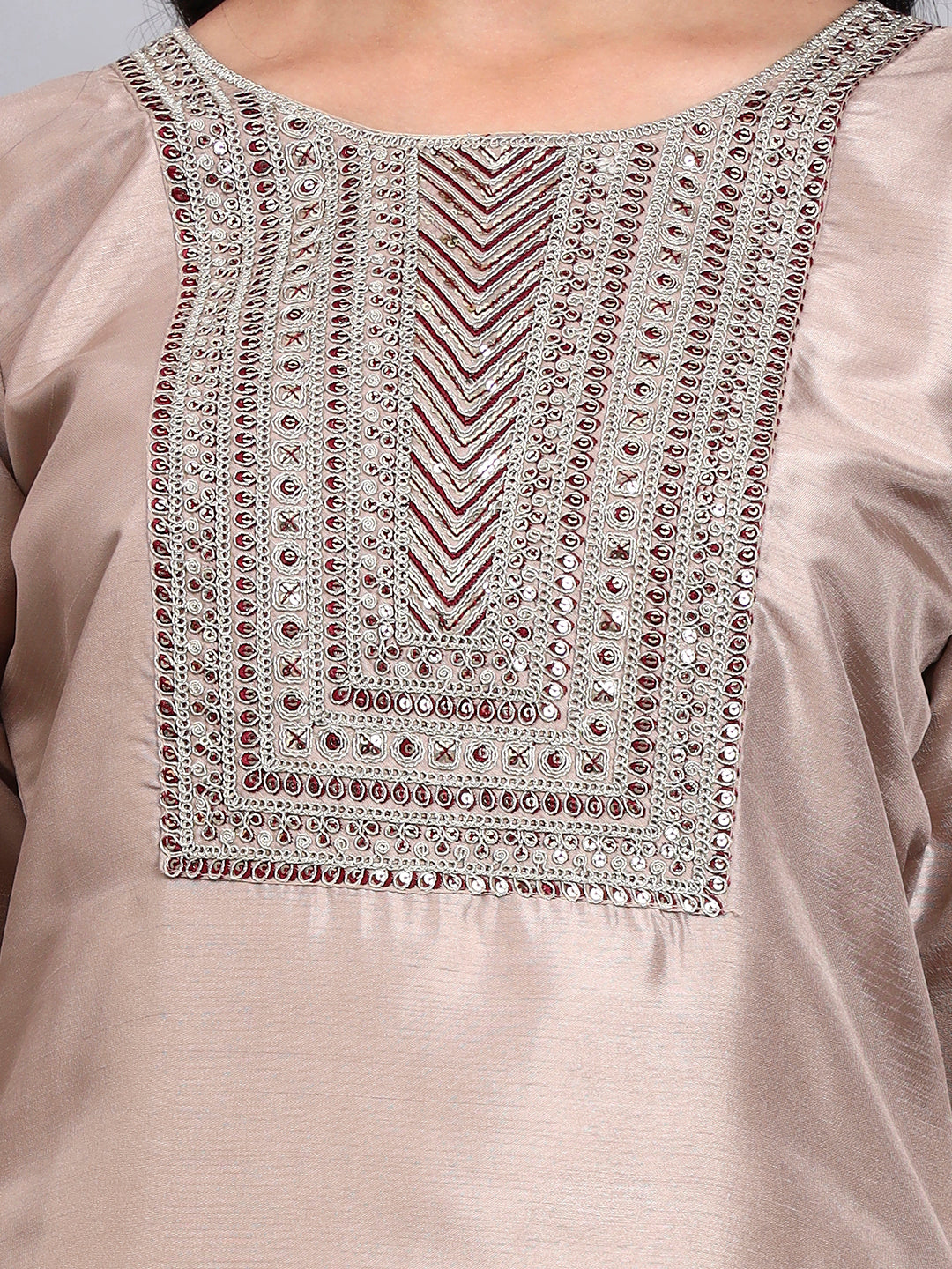 Women Biscuit Silk Blend Embroidered Kurta Pant Set