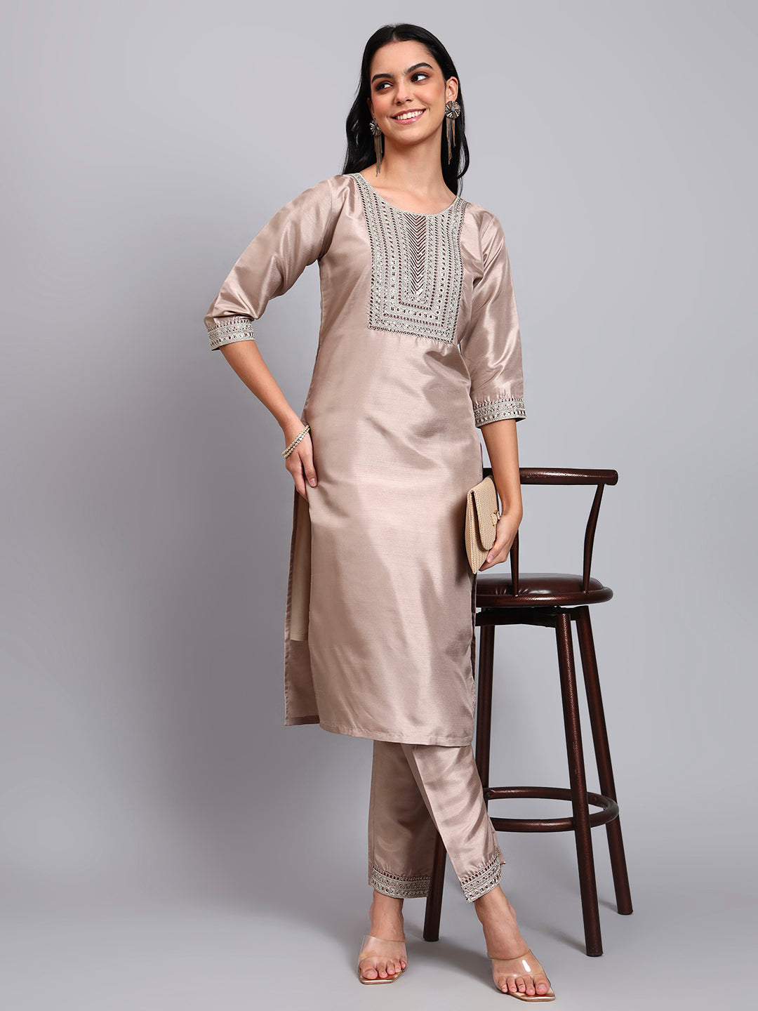 Women Biscuit Silk Blend Embroidered Kurta Pant Set