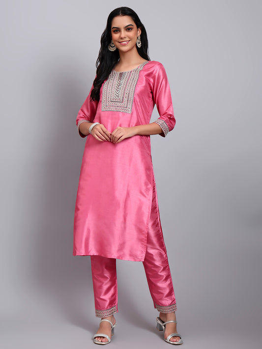Women Pink Silk Blend Embroidered Kurta Pant Set