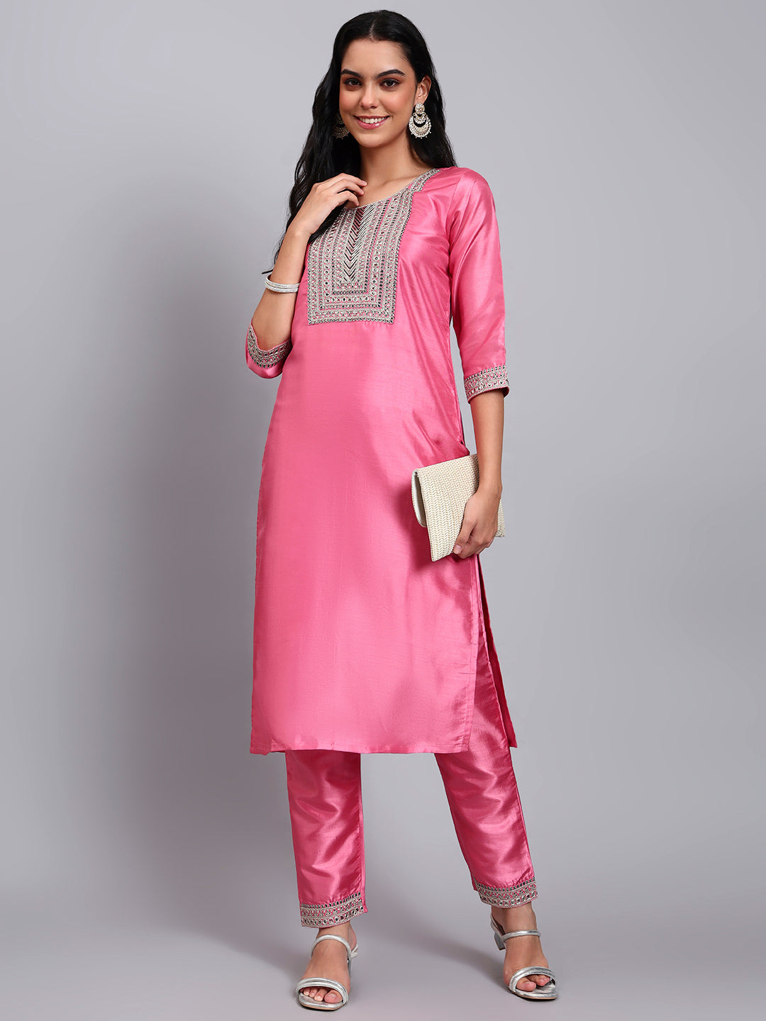 Women Pink Silk Blend Embroidered Kurta Pant Set