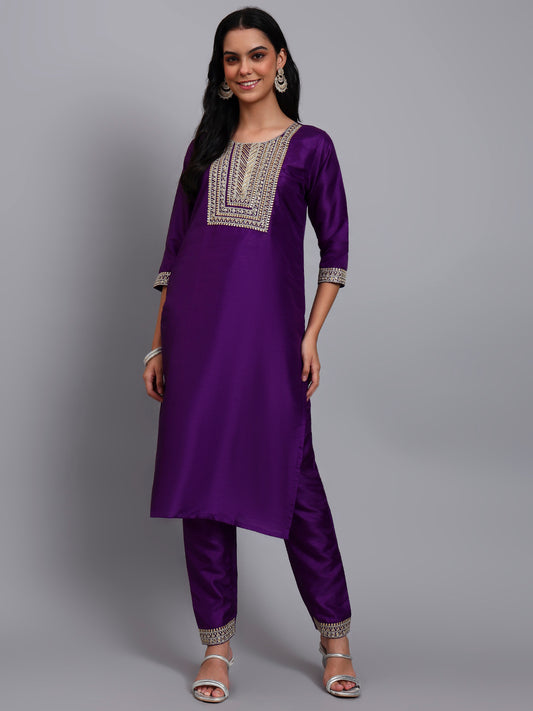 Women Purple Silk Blend Embroidered Kurta Pant Set