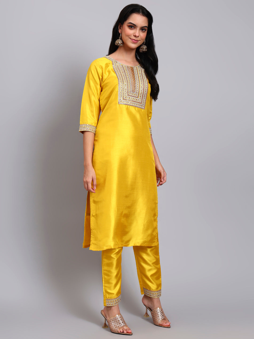 Women Yellow Silk Blend Embroidered Kurta Pant Set