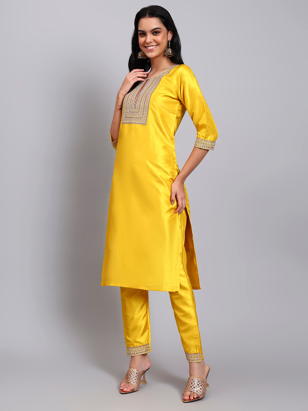 Women Yellow Silk Blend Embroidered Kurta Pant Set