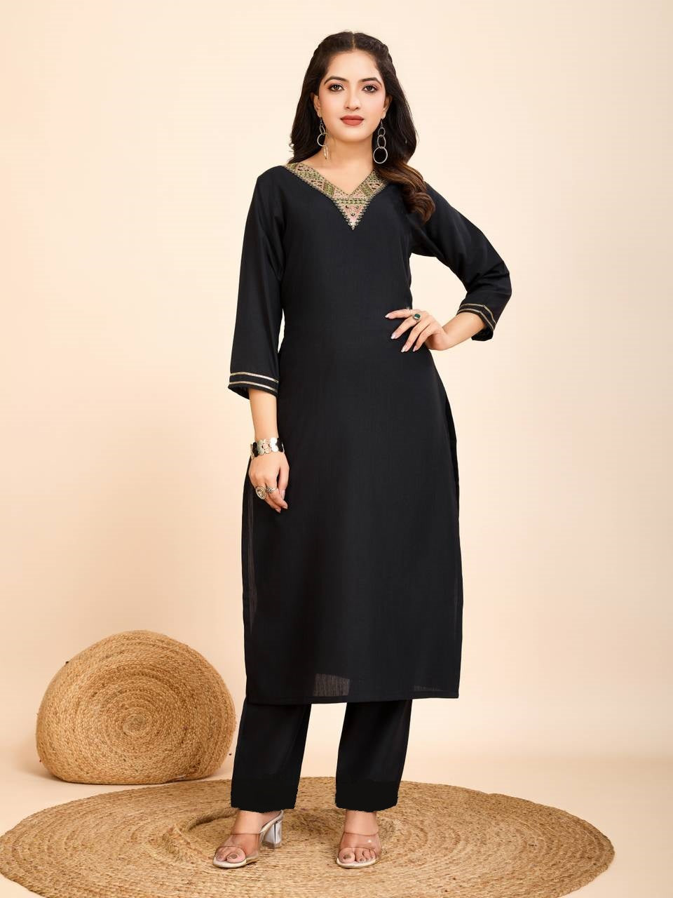 Women Black Cotton Embroidered Kurta Pant Set