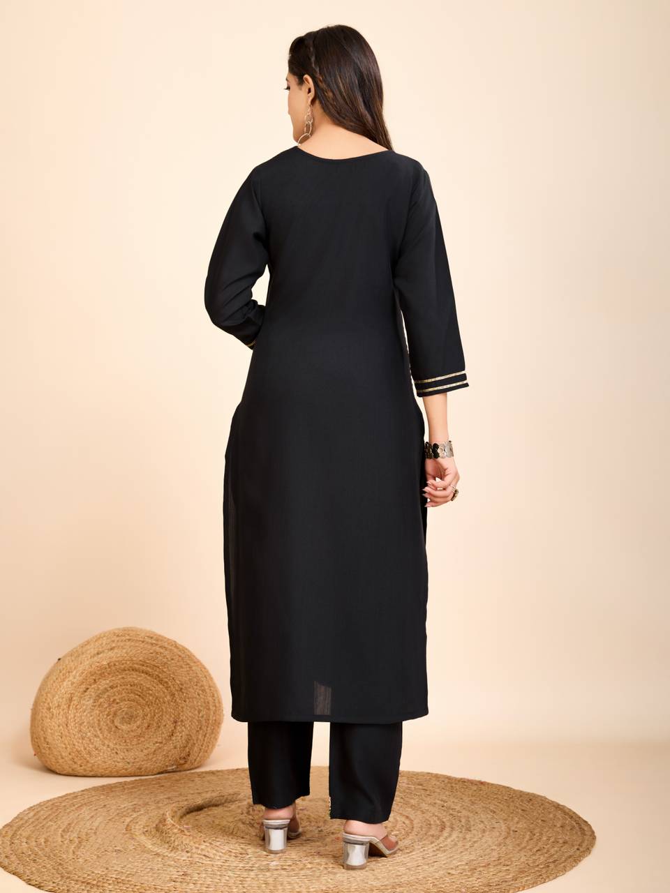 Women Black Cotton Embroidered Kurta Pant Set