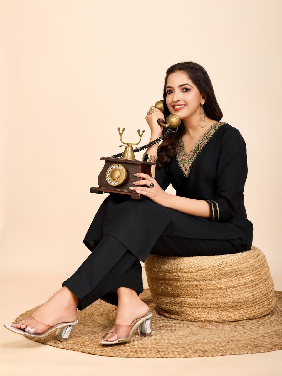 Women Black Cotton Embroidered Kurta Pant Set