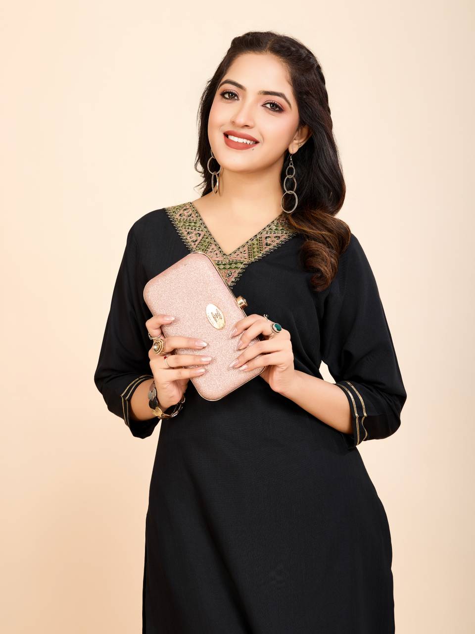 Women Black Cotton Embroidered Kurta Pant Set