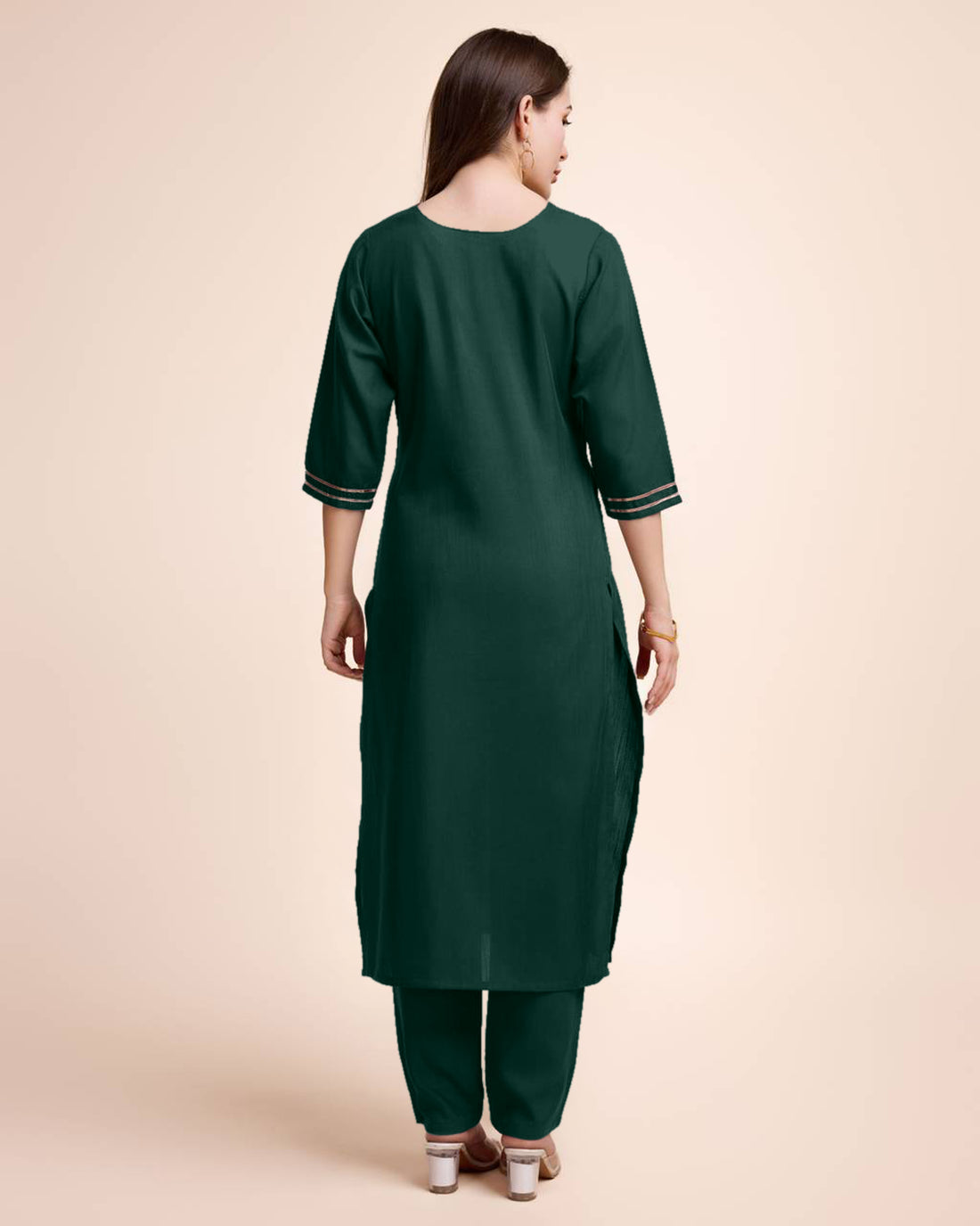 Women Bottle Green Cotton Embroidered Kurta Pant Set