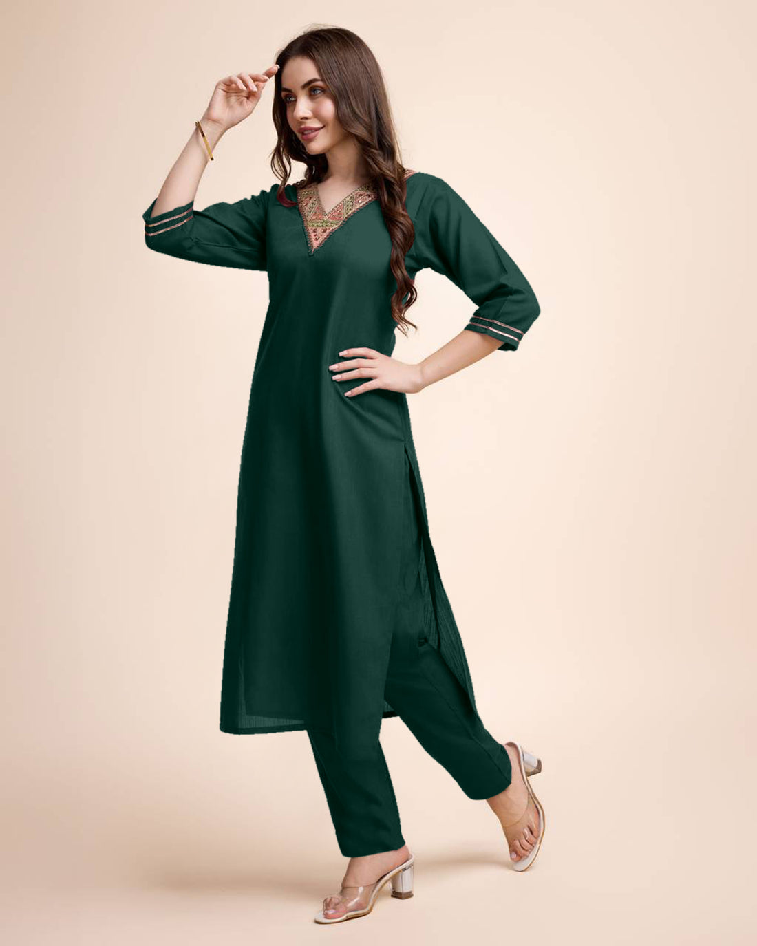 Women Bottle Green Cotton Embroidered Kurta Pant Set