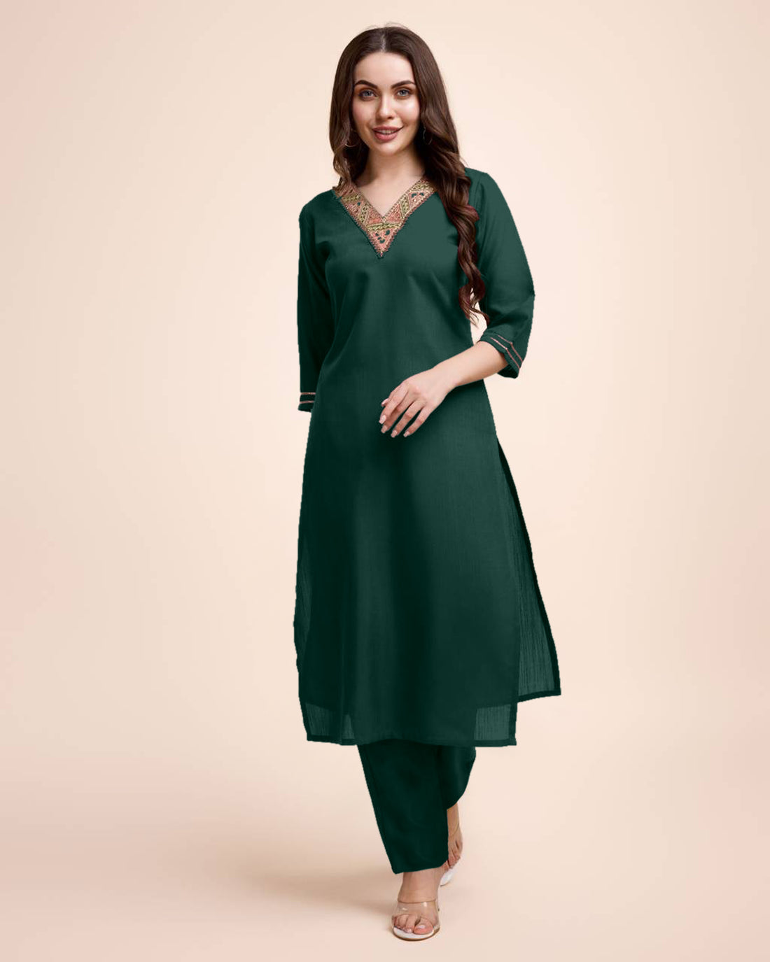 Women Bottle Green Cotton Embroidered Kurta Pant Set