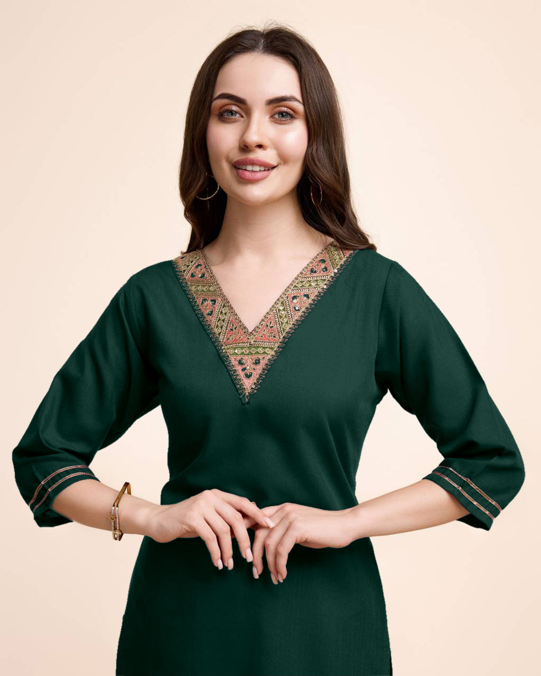 Women Bottle Green Cotton Embroidered Kurta Pant Set