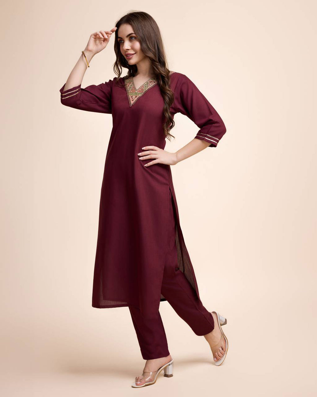 Women Maroon Cotton Embroidered Kurta Pant Set