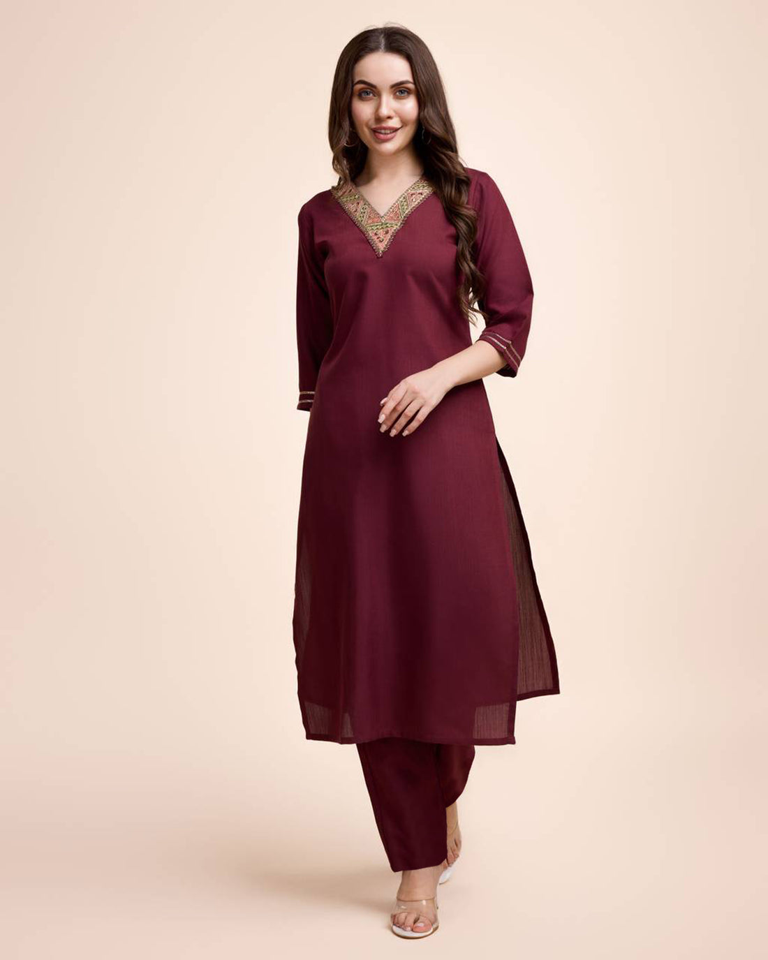Women Maroon Cotton Embroidered Kurta Pant Set