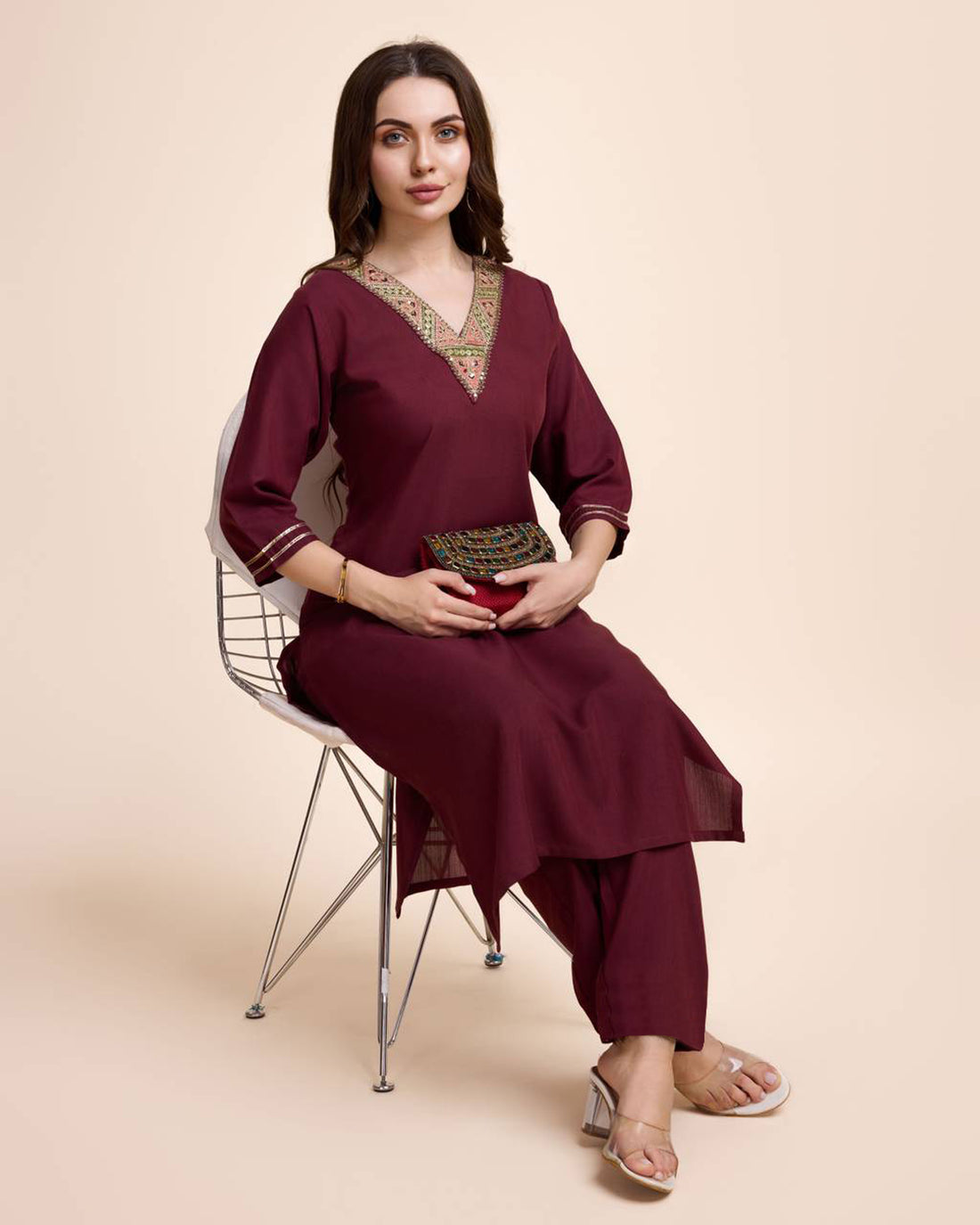 Women Maroon Cotton Embroidered Kurta Pant Set