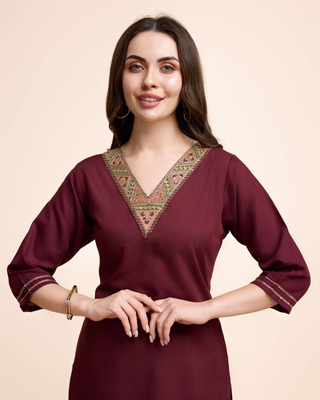 Women Maroon Cotton Embroidered Kurta Pant Set