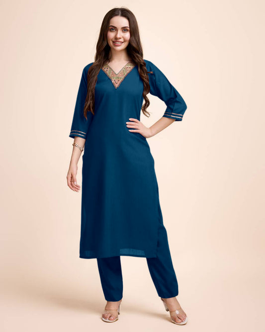 Women Navy Blue Cotton Embroidered Kurta Pant Set