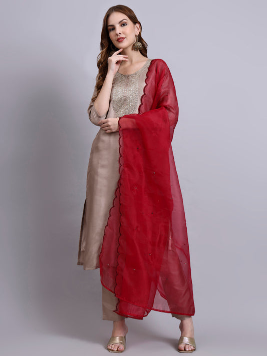 Women Silk Blend Embroidered Kurta Pant Dupatta Set