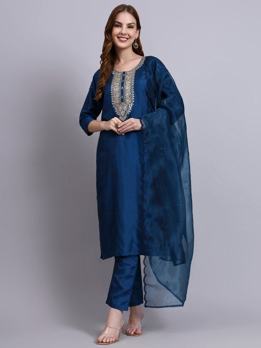 Women Navy Blue Silk Blend Embroidered Kurta Pant Dupatta Set