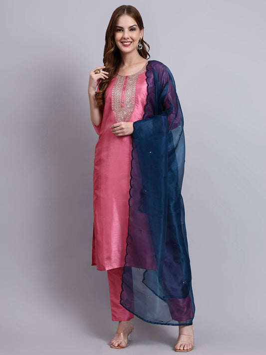 Women Pink Silk Blend Embroidered Kurta Pant Dupatta Set