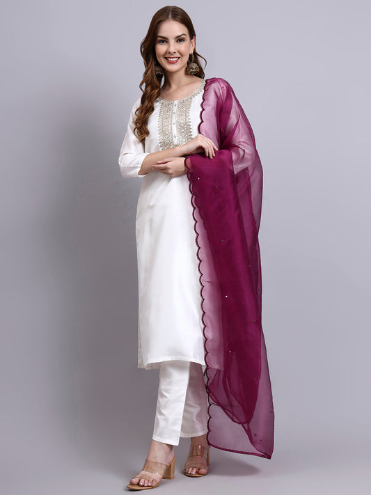 Women White Silk Blend Embroidered Kurta Pant Dupatta Set