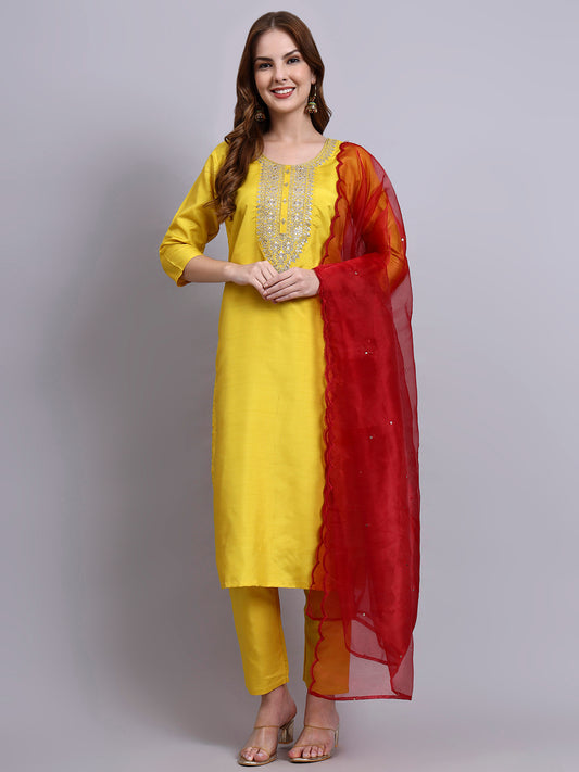 Women Yellow Silk Blend Embroidered Kurta Pant Dupatta Set