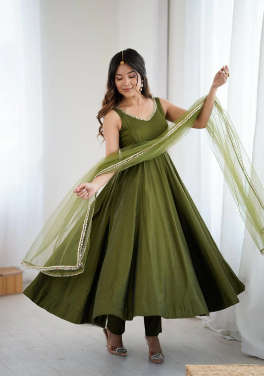 Women Mehendi Green Viscose Silk Anarkali Kurta Pant Dupatta Set
