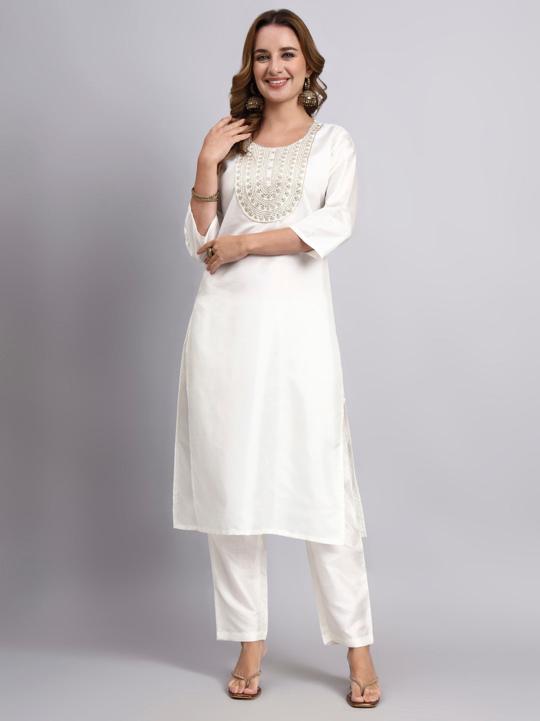 Off-White Festive Straight Kurta Pant Set in Silk Blend with Sequins