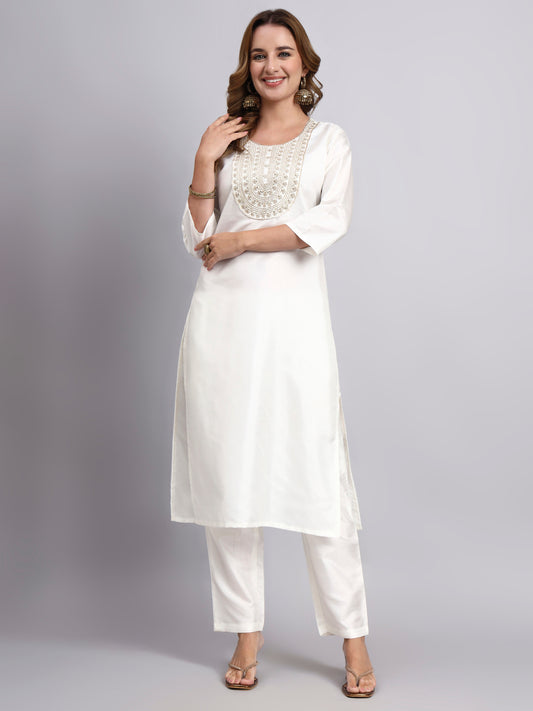 Off-White Festive Straight Kurta Pant Set in Silk Blend with Sequins