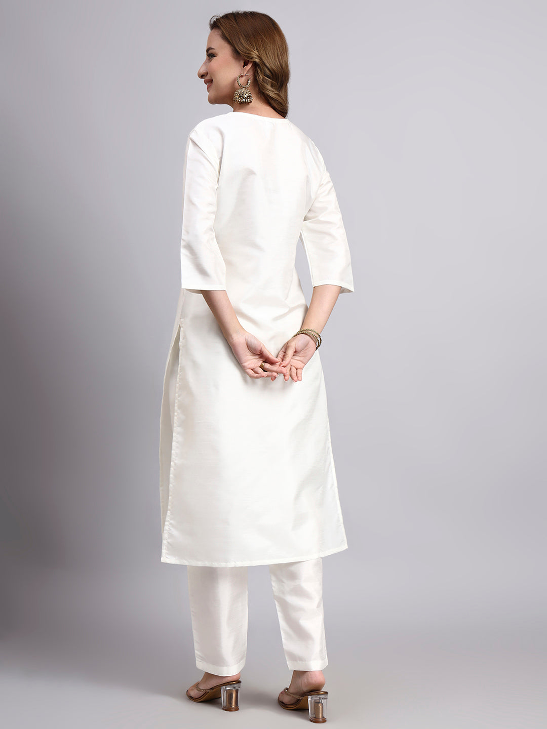 Off-White Festive Straight Kurta Pant Set in Silk Blend with Sequins