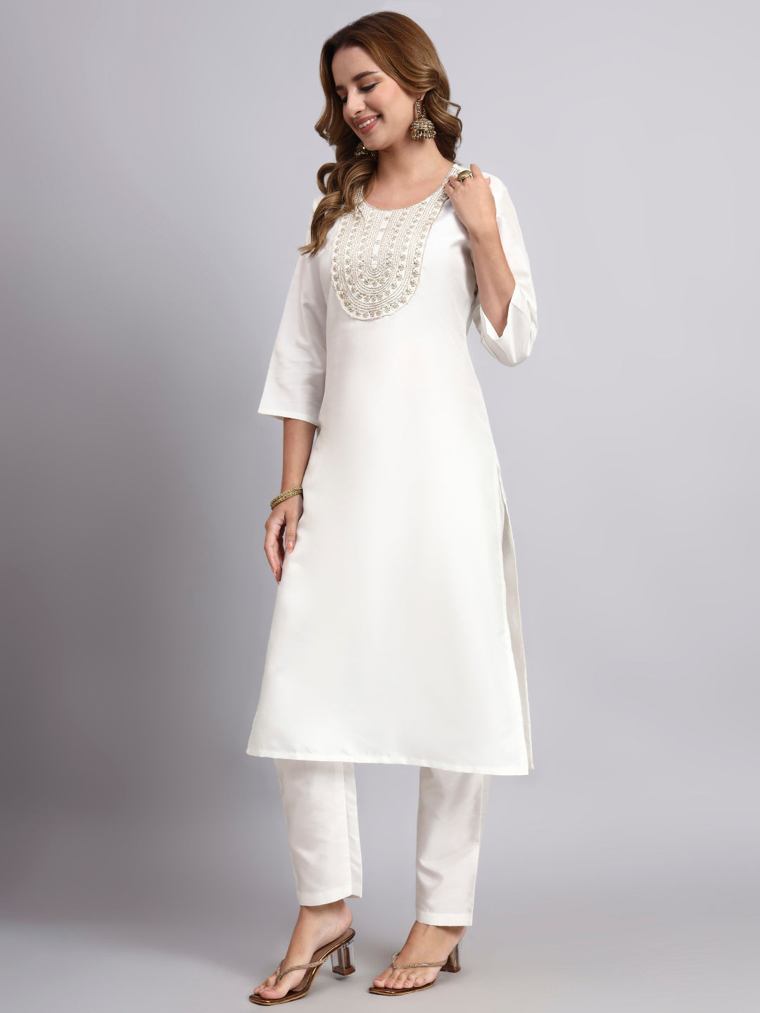 Off-White Festive Straight Kurta Pant Set in Silk Blend with Sequins