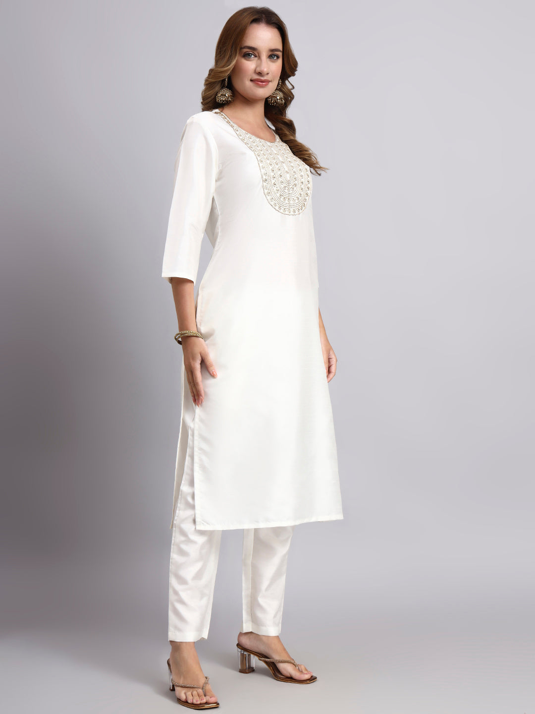 Off-White Festive Straight Kurta Pant Set in Silk Blend with Sequins