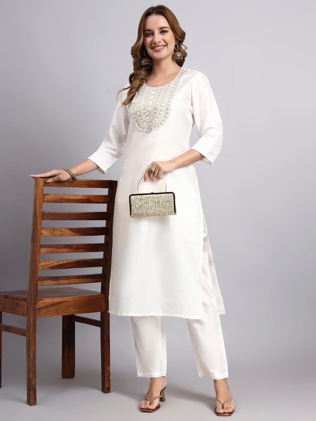 Off-White Festive Straight Kurta Pant Set in Silk Blend with Sequins