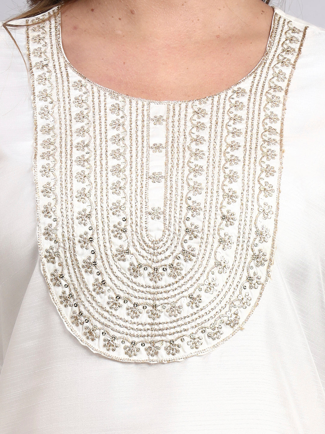 Off-White Festive Straight Kurta Pant Set in Silk Blend with Sequins