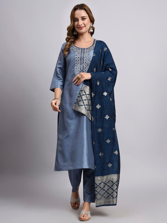 Women Blue Silk Blend Embroidered Kurta Pant Dupatta Set