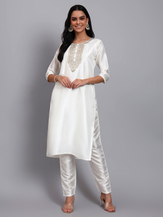 Women Off White Silk Blend Embroidered Kurta Pant Set | Sequins & Zari Work Yoke | Festive Wear