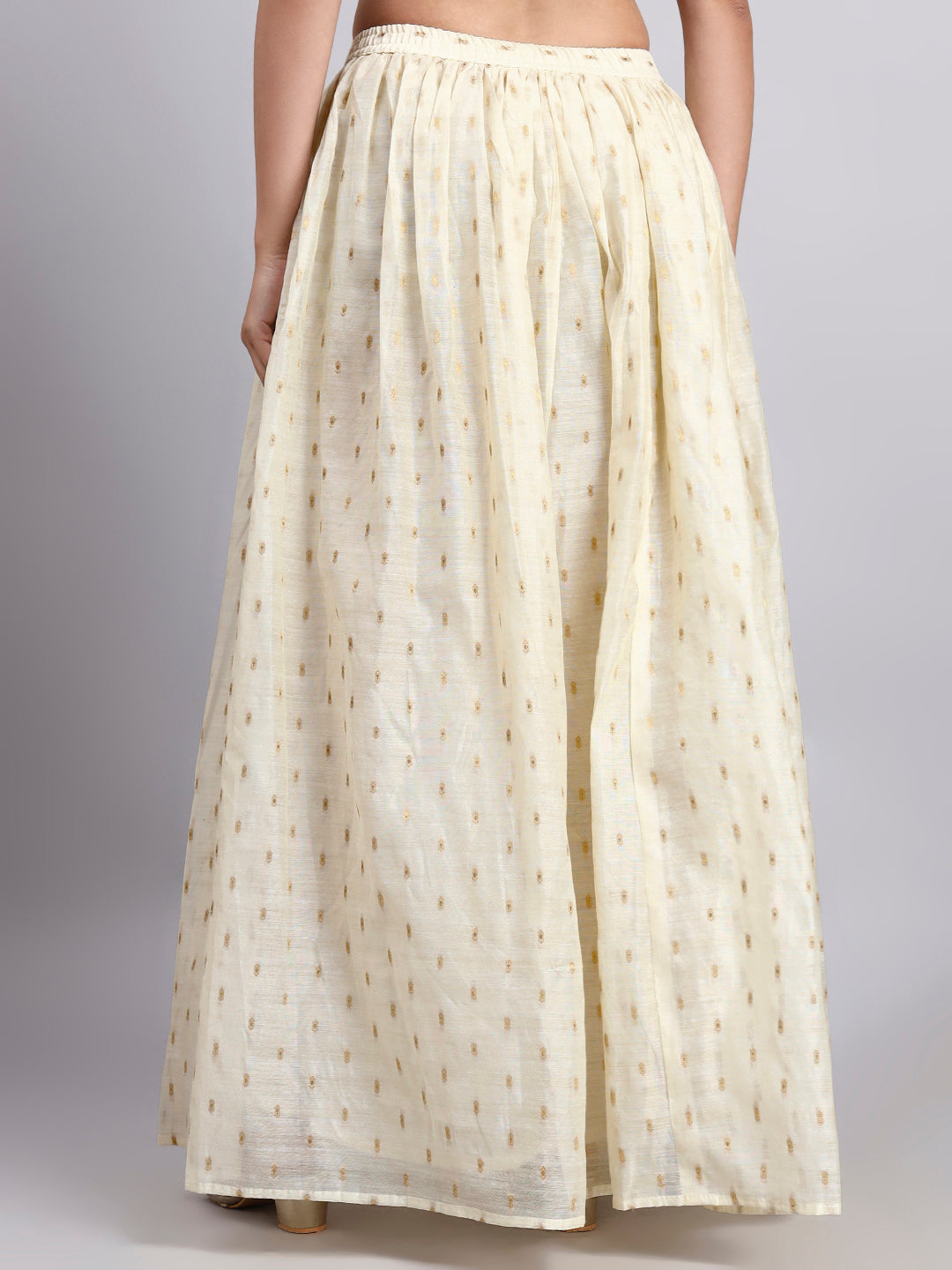 JDS LifeStyle Cream Chanderi Silk Skirt with Gold Foil Print - Flared Ethnic Maxi Skirt