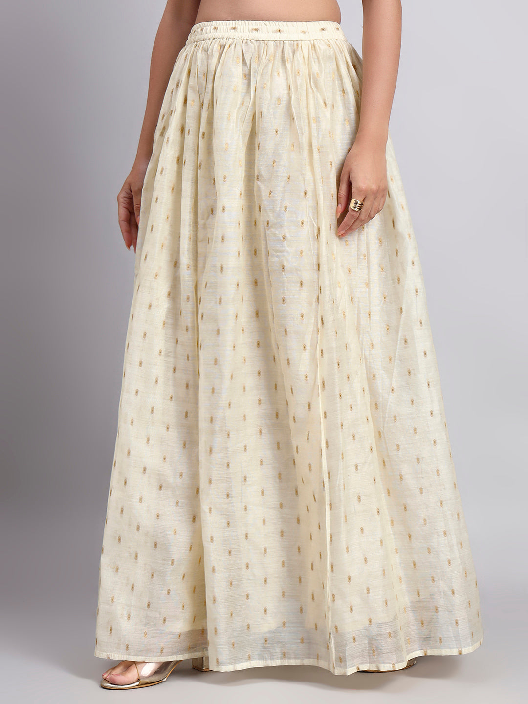 JDS LifeStyle Cream Chanderi Silk Skirt with Gold Foil Print - Flared Ethnic Maxi Skirt