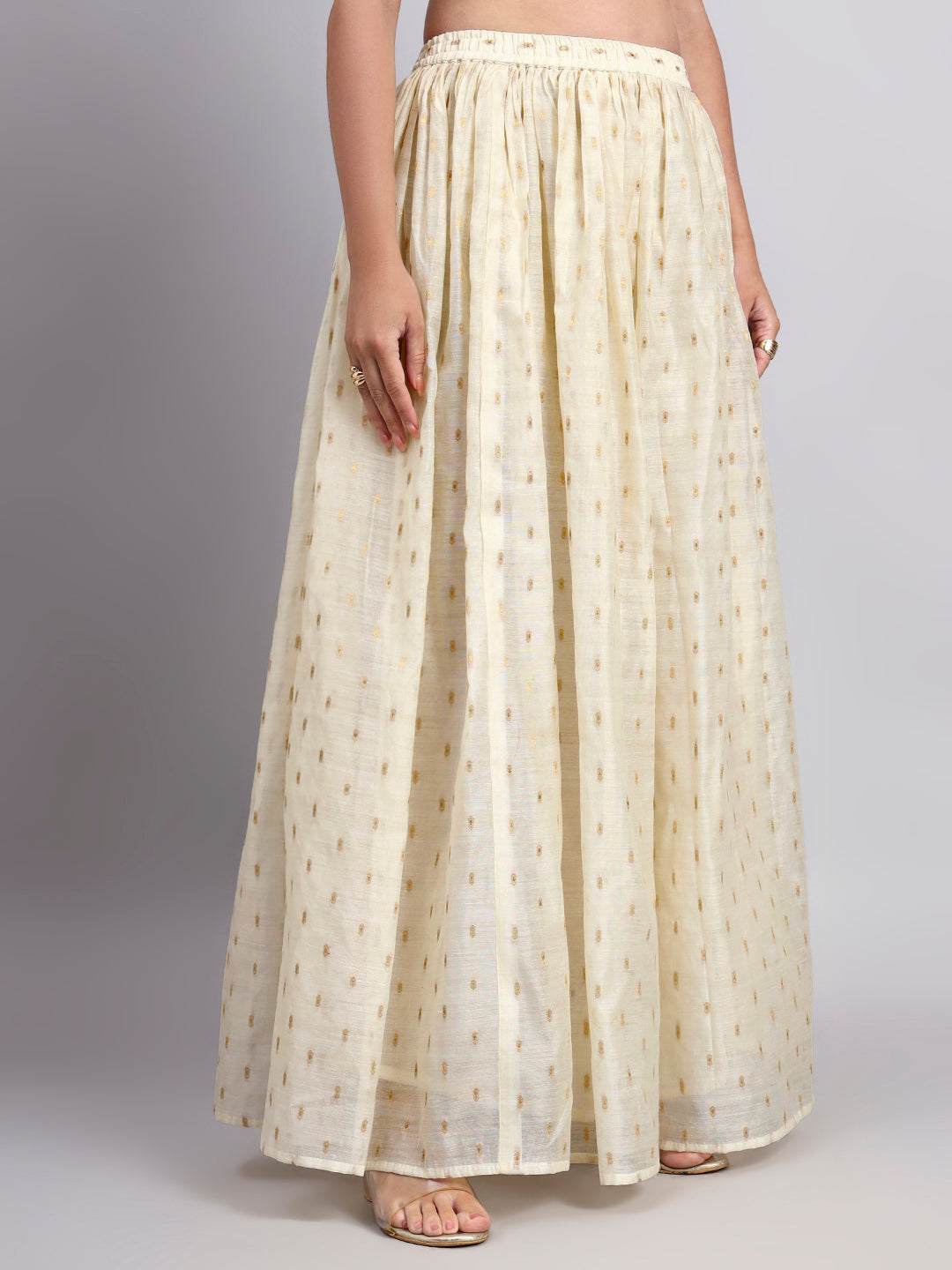 JDS LifeStyle Cream Chanderi Silk Skirt with Gold Foil Print - Flared Ethnic Maxi Skirt