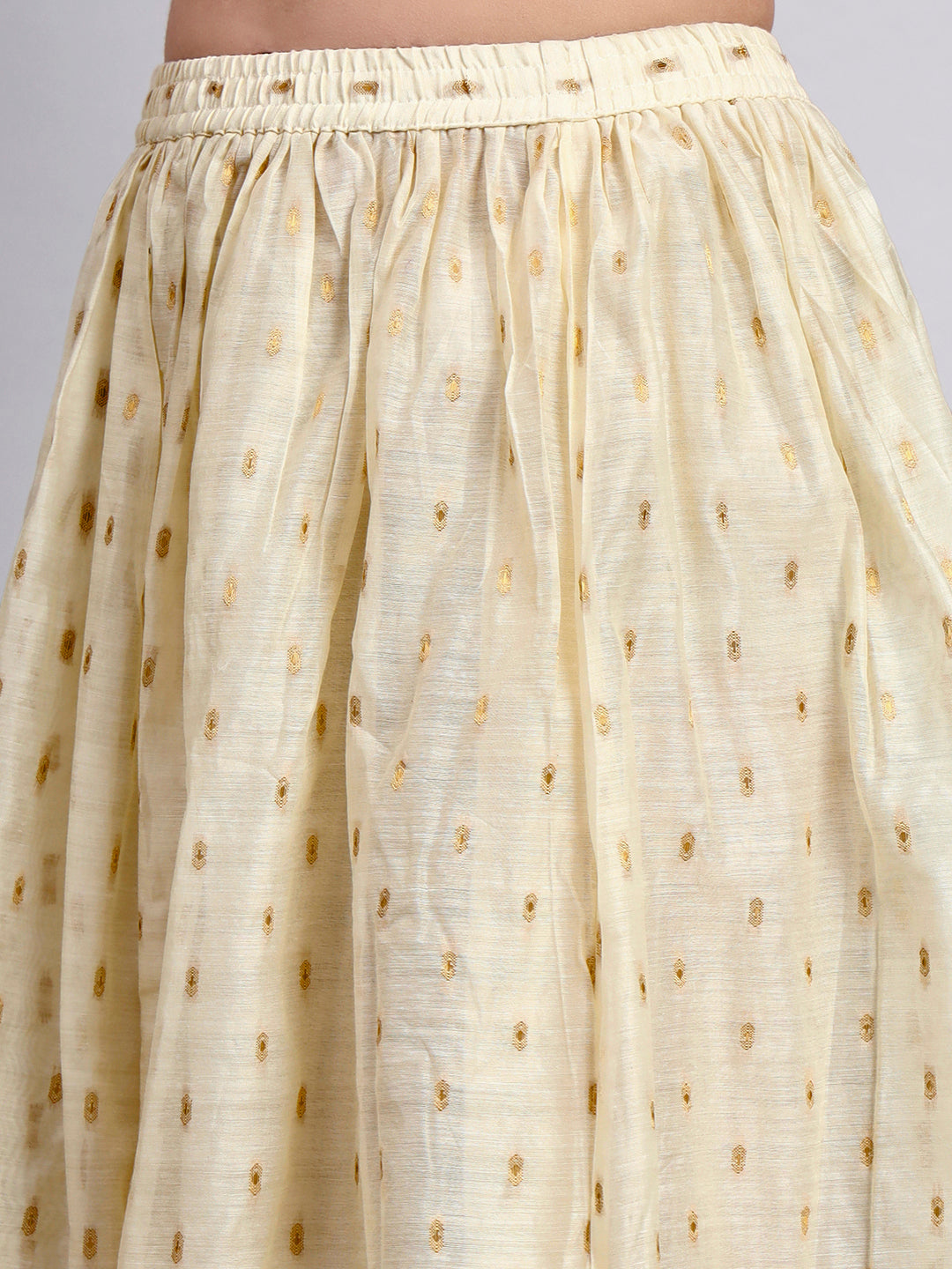 JDS LifeStyle Cream Chanderi Silk Skirt with Gold Foil Print - Flared Ethnic Maxi Skirt