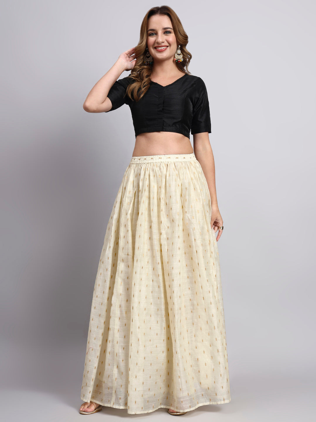 JDS LifeStyle Cream Chanderi Silk Skirt with Gold Foil Print - Flared Ethnic Maxi Skirt
