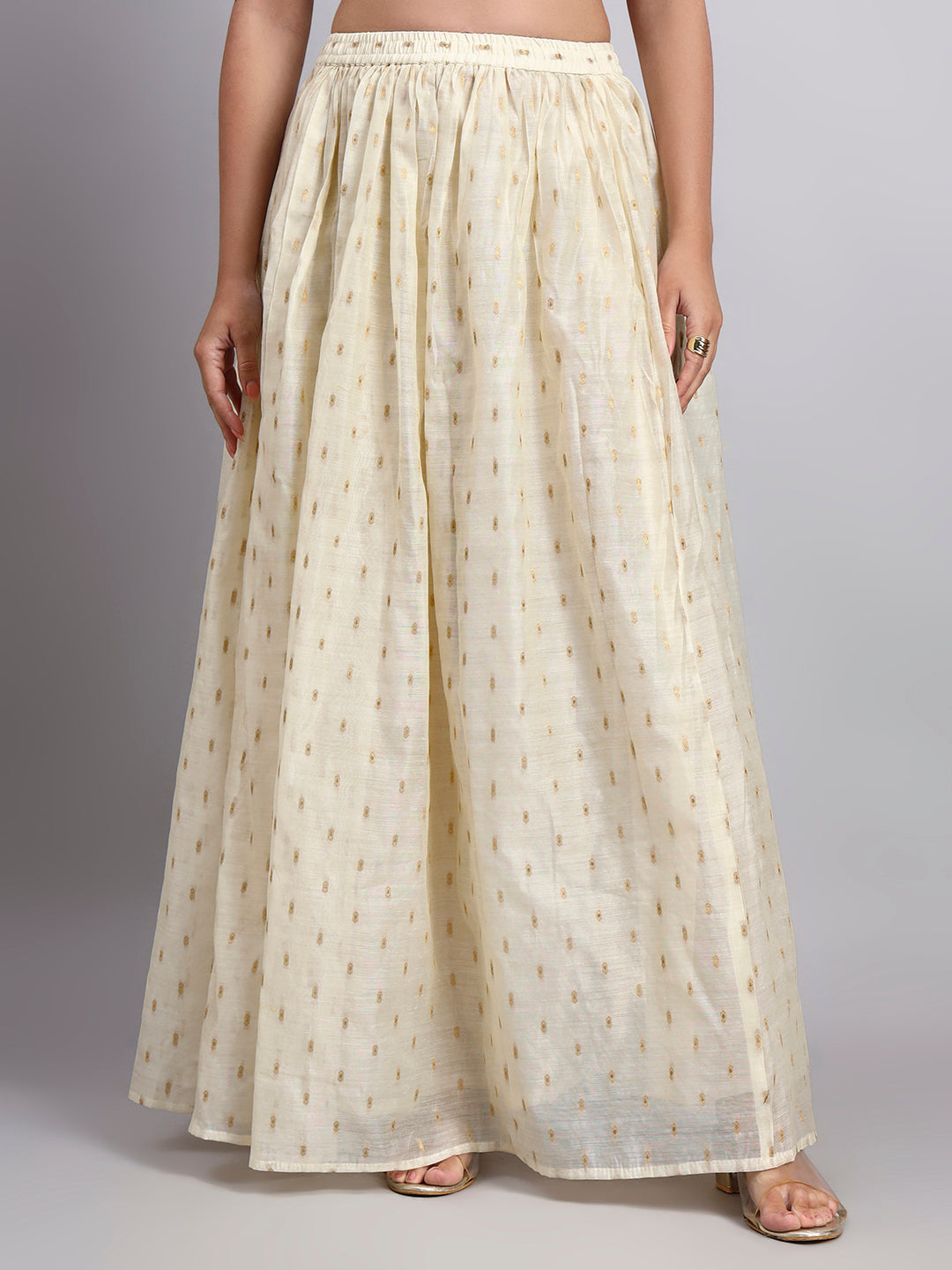 JDS LifeStyle Cream Chanderi Silk Skirt with Gold Foil Print - Flared Ethnic Maxi Skirt