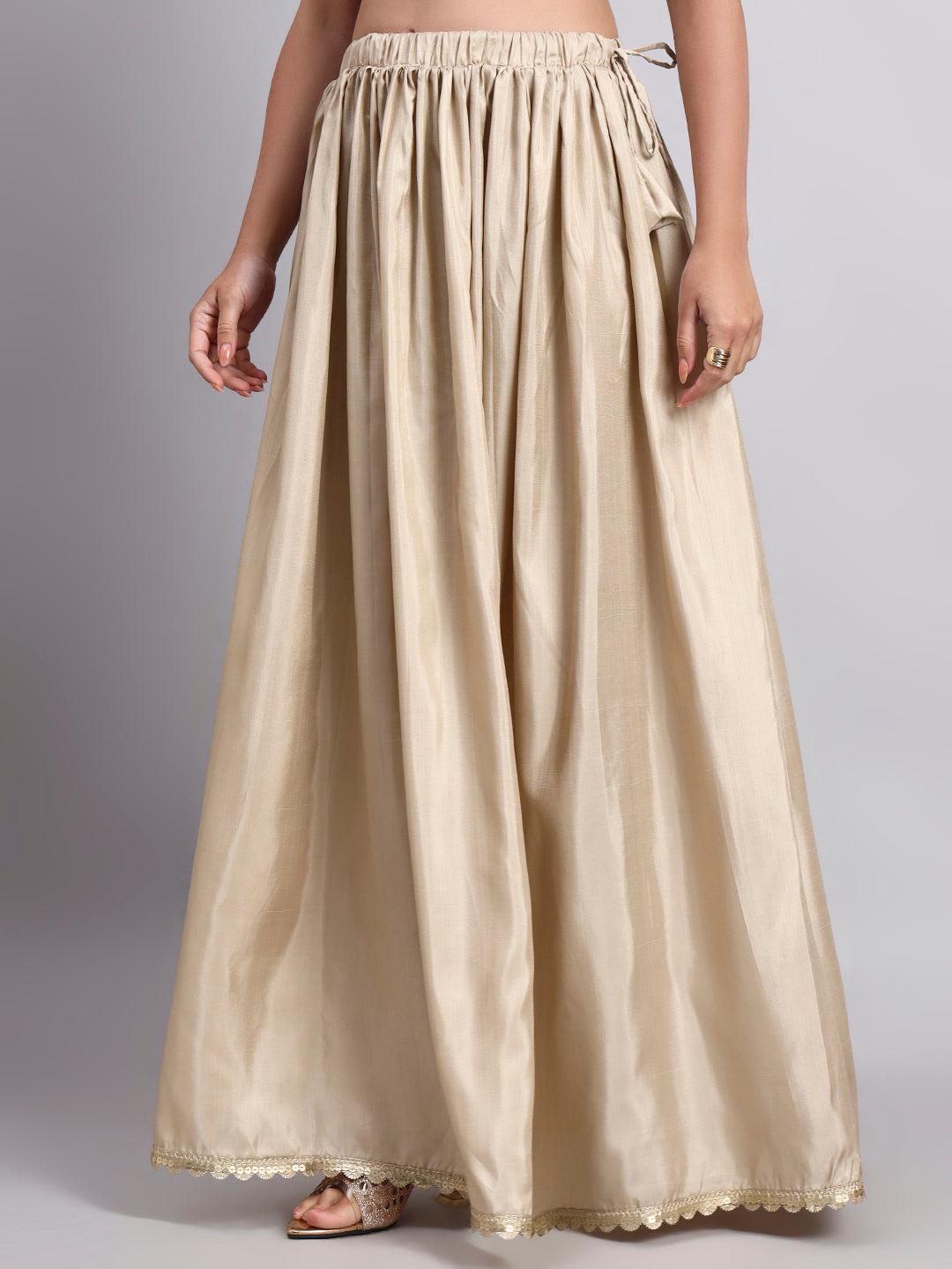 Women’s Beige Silk Blend Flared Skirt with Cutwork Lace Border