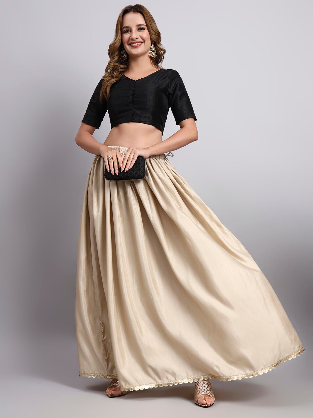 Women’s Beige Silk Blend Flared Skirt with Cutwork Lace Border