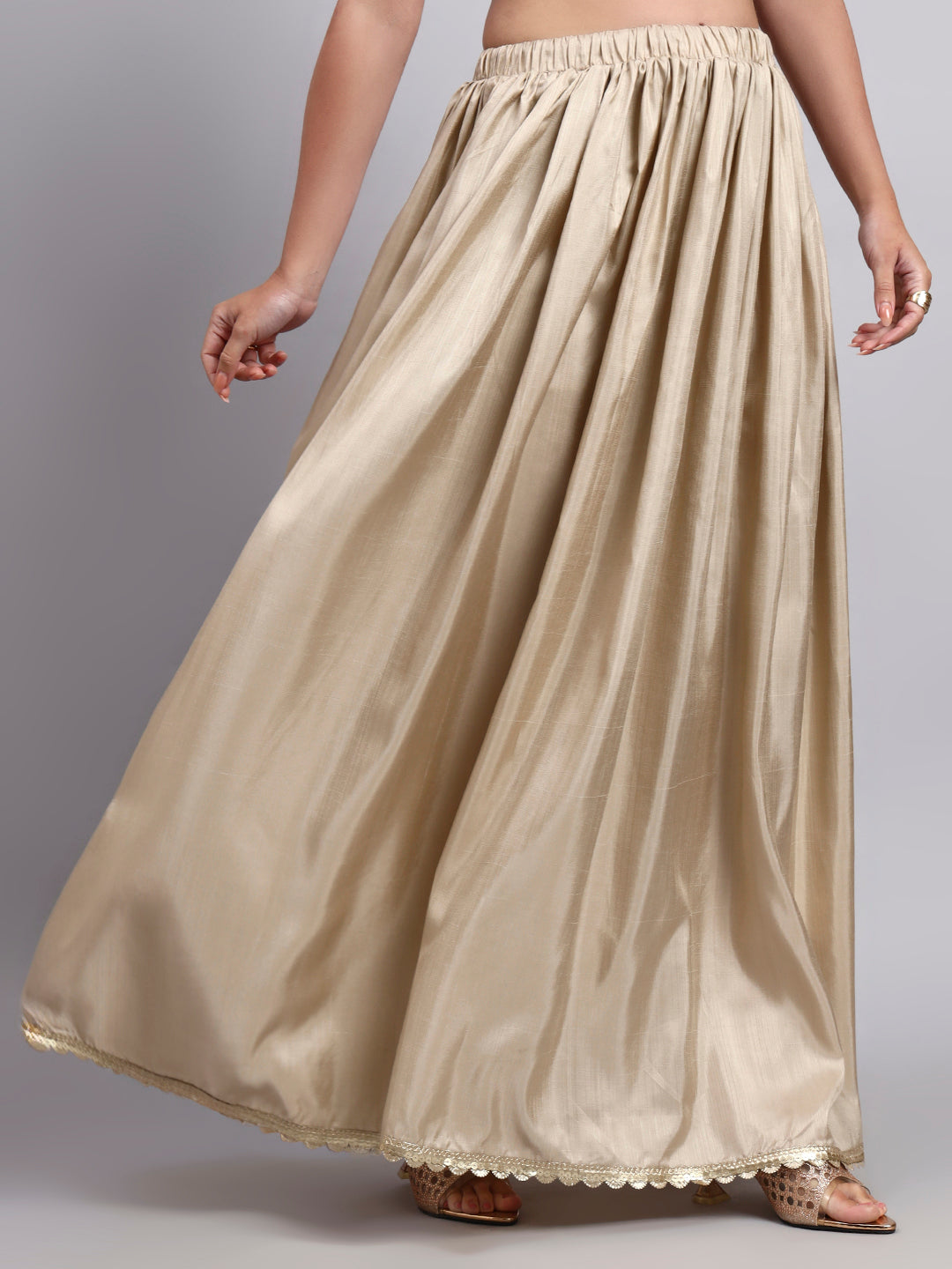 Women’s Beige Silk Blend Flared Skirt with Cutwork Lace Border