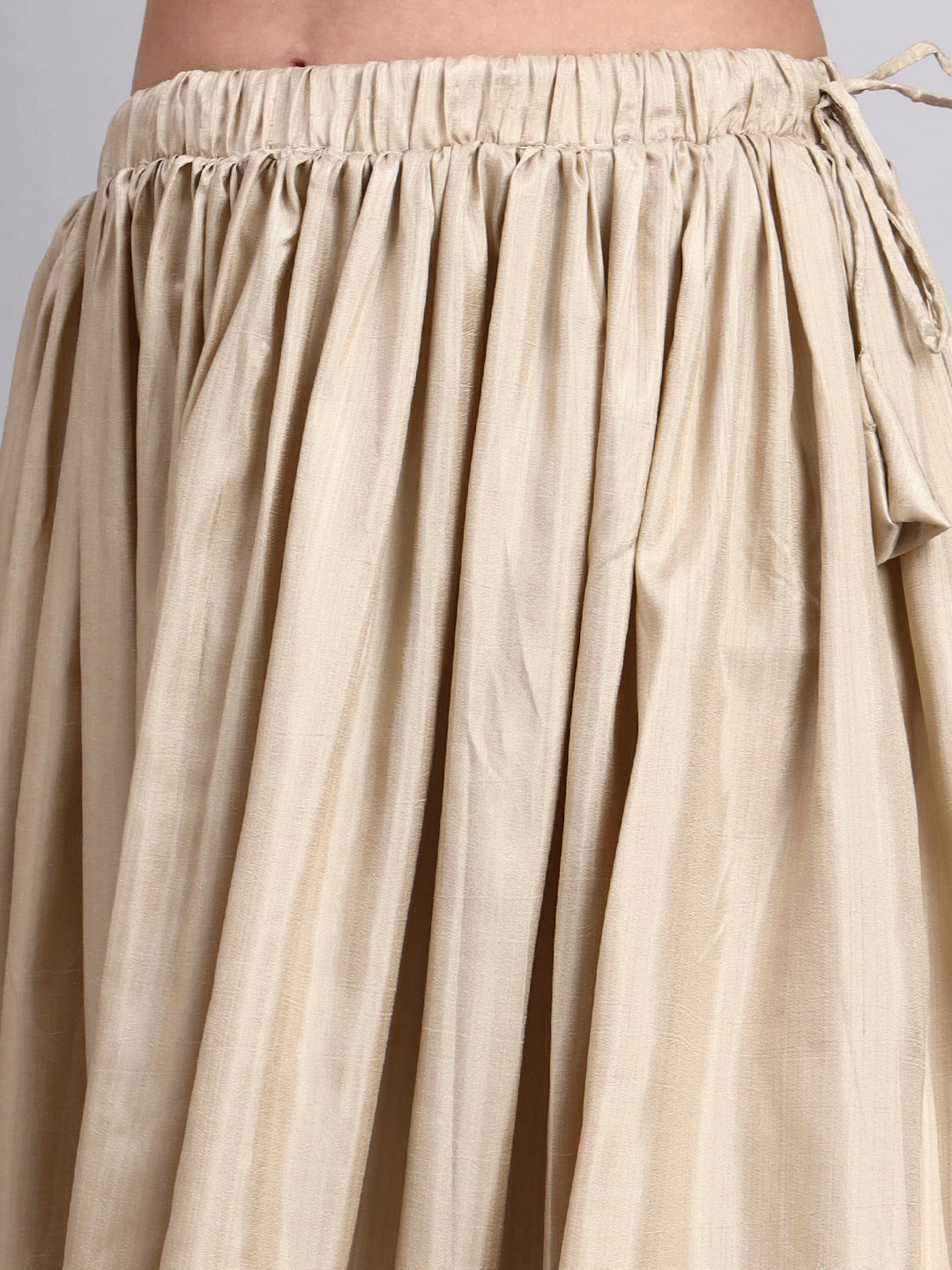 Women’s Beige Silk Blend Flared Skirt with Cutwork Lace Border