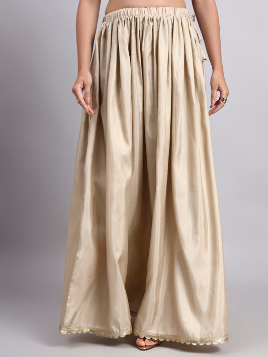 Women’s Beige Silk Blend Flared Skirt with Cutwork Lace Border