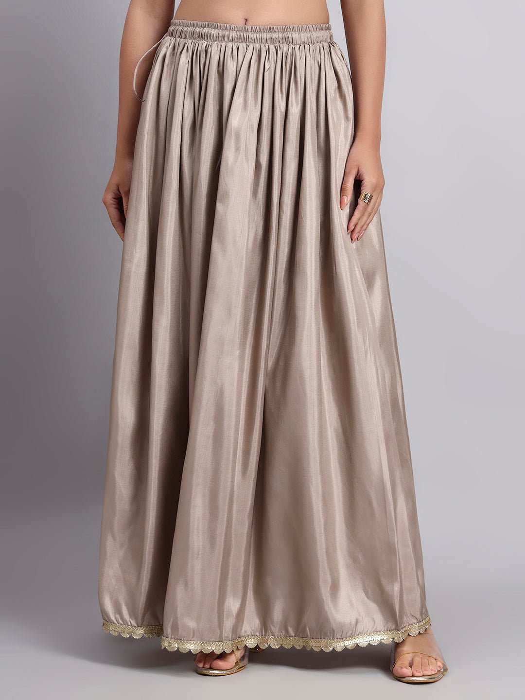 Women’s Biscuit Silk Blend Flared Skirt with Lace Border
