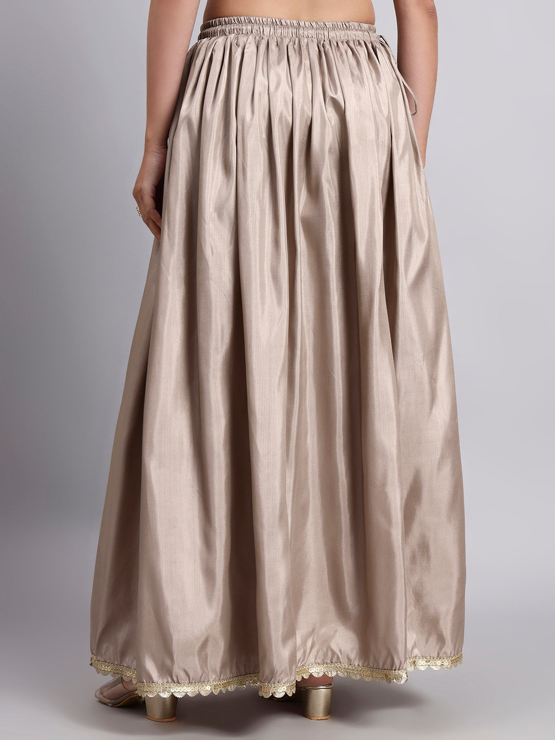 Women’s Biscuit Silk Blend Flared Skirt with Lace Border