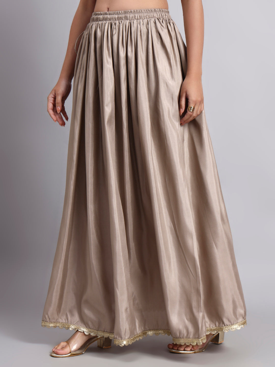 Women’s Biscuit Silk Blend Flared Skirt with Lace Border